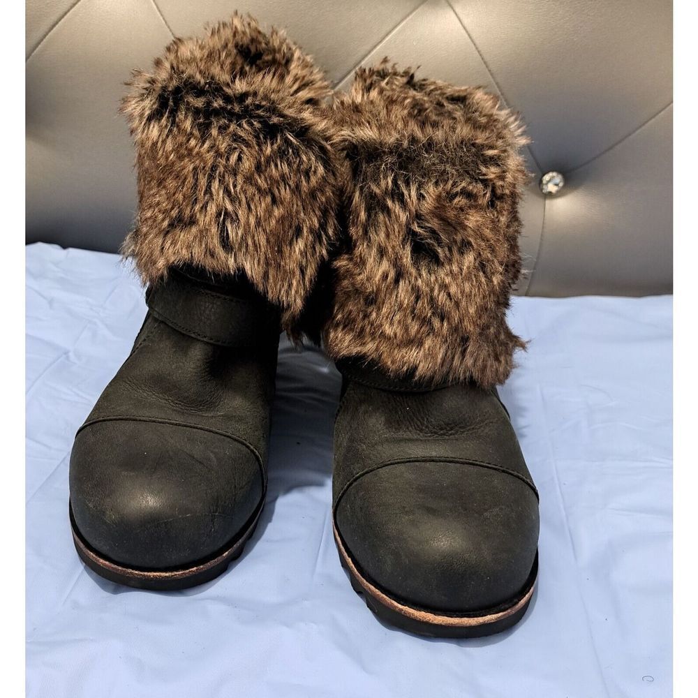 Sorel Womens Size 9 Joan Of Arctic FUR Wedge Waterproof Ankle Bootie Black